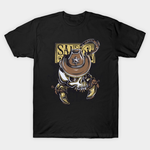 saloon sheriff cowboy skull T-Shirt by positivedesigners